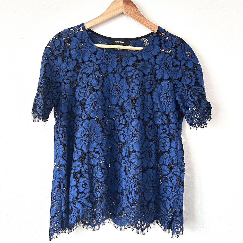 Karen Kane XS Blue Short Sleeve Floral Lace Blouse Romantic Feminine Sheer